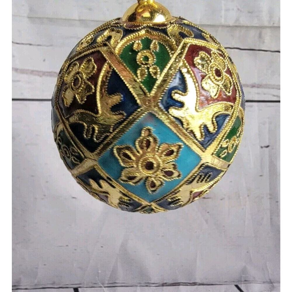 CLOISONNE FLOWER ENAMEL CHRISTMAS ORNAMENT Gold Plated Blue Floral Round